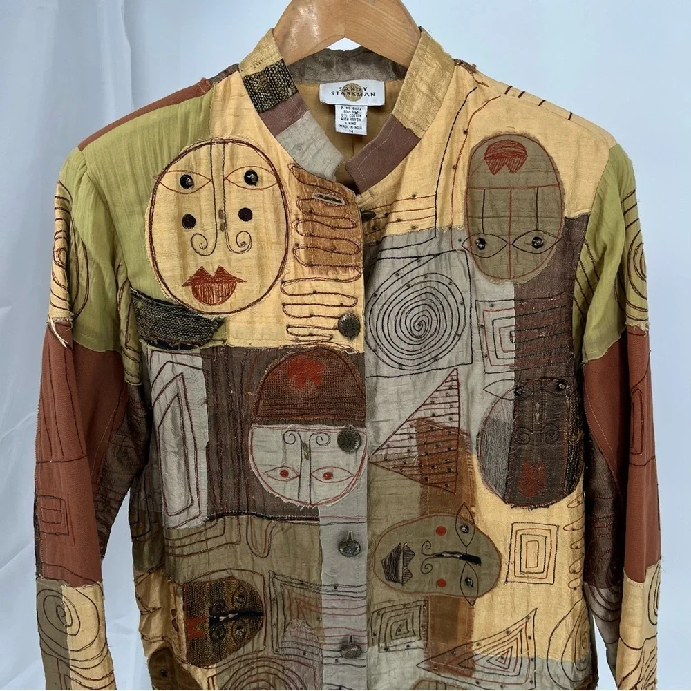 Sandy Starkman Womens Silk Art To Wear Jacket Size M Patchwork Beading Vintage - Picture 2 of 13